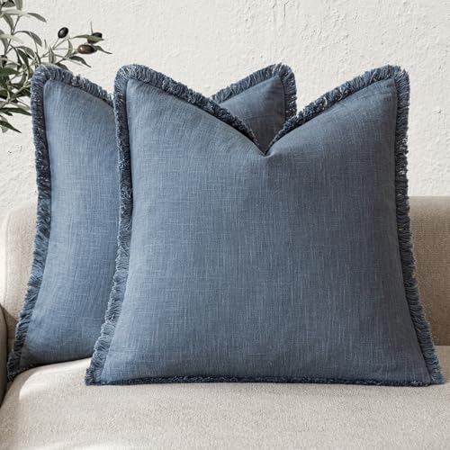 Decorative Linen Fringe Throw Pillow Covers 20×20 Inch (2 Count)
