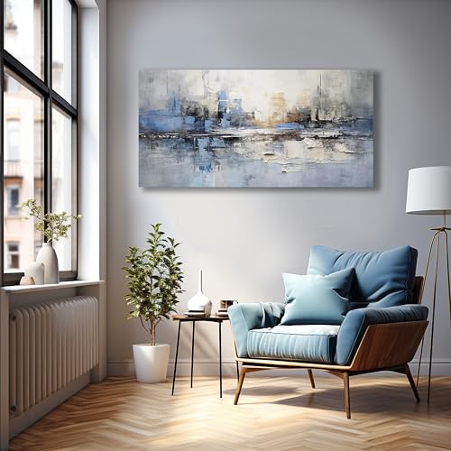 Abstract Wall Art Wall Decor Blue and Gray White Modern Canvas Wall Paintings Abstract Artwork for Living Room Bedroom Bathroom Office Home Decor Can Be Hung Directly 29"x 58"