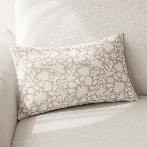 Set of 2 Decorative Neutral Floral Throw Pillow Covers Accent Farmhouse Cushion Covers Boho Lumbar Pillowcase for Couch Sofa Bedroom Living Room Home Decor (2 Count)