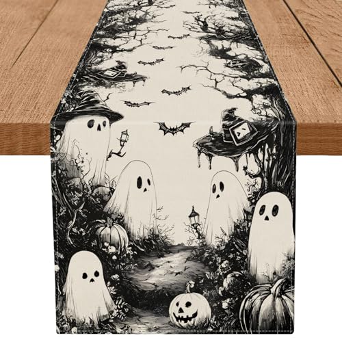 Halloween Table Runner Black Ghost Holiday Burlap Table Decoration Indoor Outdoor Home Decor Party Supply 13 x 60 Inch