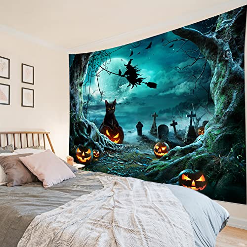 Halloween Tapestry Pumpkins Black Cat Dead Tree in Spooky Graveyard Full Moon Night with Witch Halloween Wall Hanging for Bedroom Living Room Dorm Decor 80x60 Inch