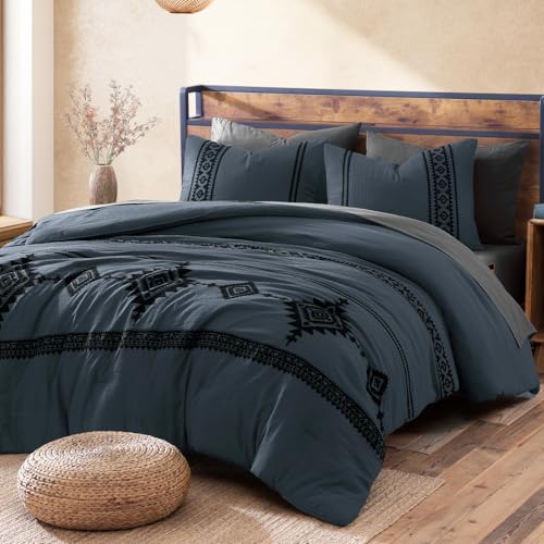 Embroidery Queen Comforter Set 7 Pieces Blue Grey Bed in a Bag