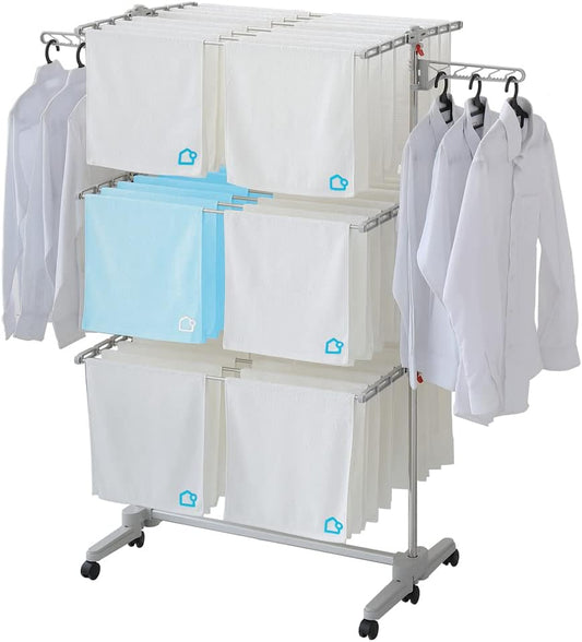 Foldable Laundry Drying Rack with Wheels - 48 Drying Rods, Heavy Duty, Movable, Perfect for Clothes, Duvet, Socks, Bed Linen, Sheets, 6 Wings - NestledHome