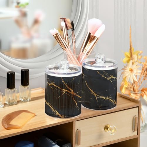 2 Pack Qtip Holder Organizer Dispenser Gold Black Marble Texture Bathroom Storage Canister Cotton Ball Holder Container for Cotton Pads (2 Count)