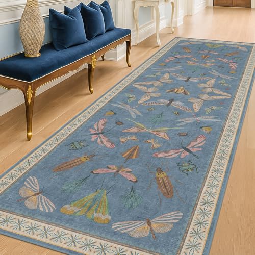 Washable Blue Insect Runner Rug 2'6''x12' for Hallway & Kitchen Sink (30 Sq Ft)
