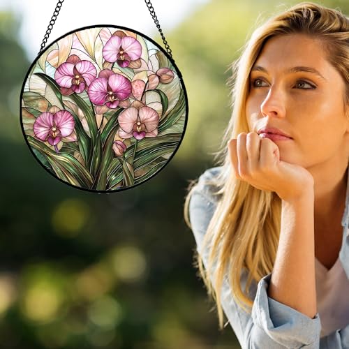 Phalaenopsis Orchid Stained Glass Window Hanging Decor Gifts for Women 9.8"