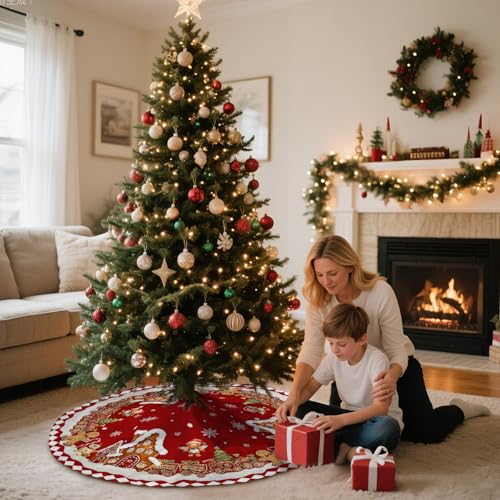 Red Gingerbread Christmas Tree Skirt Decorations House Decor Christmas Gingerbread Tree Ornaments Holiday Party Indoor Outdoor Xmas Trees Mat 36 inches