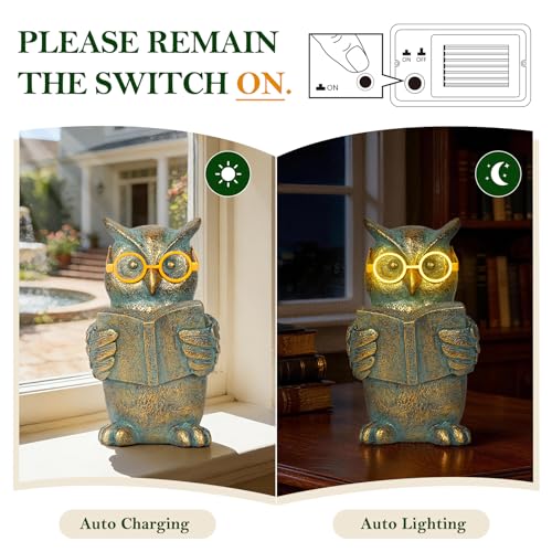 Reading Owl Statue with Solar Glasses Garden Decor Gift for Women