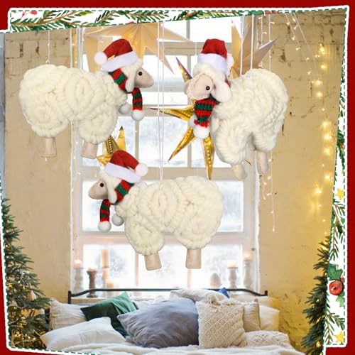 3 Pieces Felt Sheep Christmas Ornaments Sheep Decorative Hanging Ornaments Vintage Farm Wooly Lamb Tree Xmas Pendant Curly Decor for Holiday Figurines Gifts