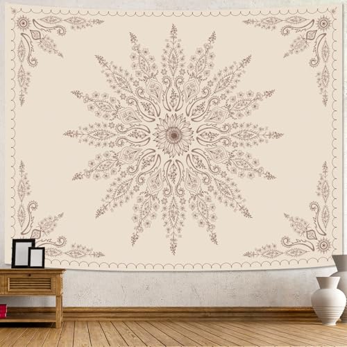 Boho Floral Mandala Tapestry for Bedroom Aesthetic Bohemian Flower Wall Tapestry Beige Hippie Indian Large Tapestries Wall Hanging for Living Room Dorm Decor 80 x 60 Inch