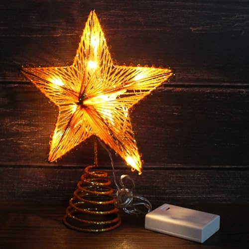 Champagne Gold Glittered 3D Tree Top Star with Warm White LED Lights and Timer for Christmas Tree Topper Decoration and Holiday Seasonal Décor