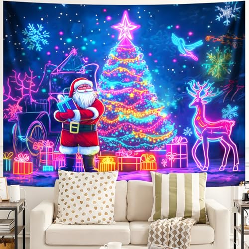 Merry Christmas Blacklight Tapestry Christmas Decorations Wall Hanging Xmas Tree Poster Glow in the Dark Tapestry for Bedroom Living Room Party Banners Decor