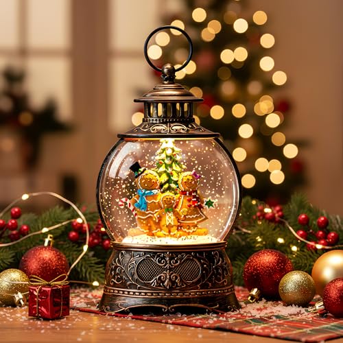 Christmas Snow Globe Water Lantern with Gingerbread Scene Battery Operated or USB Powered Musical Lighted Holiday Decoration for Tabletop Display for Family and Friends