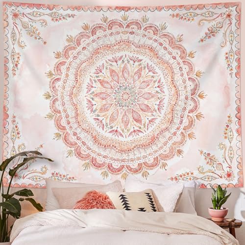 Boho Floral Mandala Tapestry Wall Hanging Pink Bohemian Flower Medallion Tapestry Aesthetic Watercolor Hippie Indian Large Tapestries for Bedroom Living Room Dorm Decor 80 x 60 Inch