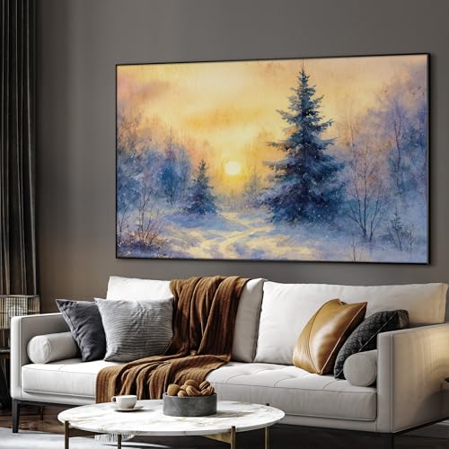 46"x72" Extra Large Framed Wall Art Winter Sunrise in Snowy Pine Forest Watercolor Style for Home Living Room Bedroom Decor