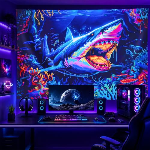 Blacklight Tapestry Ocean Shark UV Backdrop 78 x 59 Inch