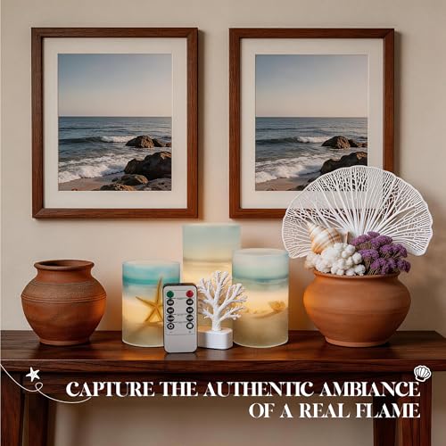 Beach Coastal Ocean Decor Seashell & Starfish Battery Flameless LED Candles (3 Count)