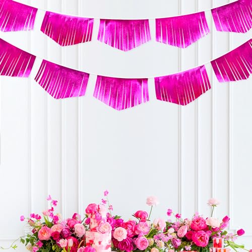 Hot pink Tassel Banner Double Sided Metallic Fabric Pennant Bunting Flag Garland for Birthday Bachelorette Anniversary Engagement Wedding Bridal Shower Graduation Pink Girl Party Decorations Supplies (16.93 Foot)