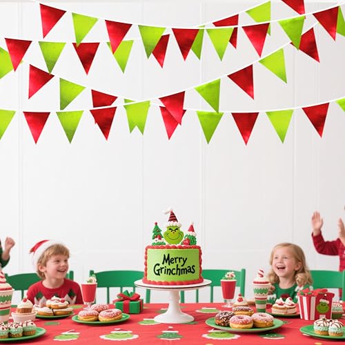Red and Green Metallic Fabric Triangle Pennant Banner Flag Bunting Garland for Merry Grinchmas Birthday Baby Shower Bachelorette Xmas Holiday Christmas Holiday New Year Party Decorations Supplies (36 Count)