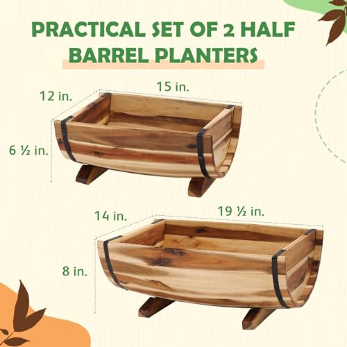 Solid Acacia Wood Half Barrel Planters Outdoor Set of 2 Different Sizes (2 Count)