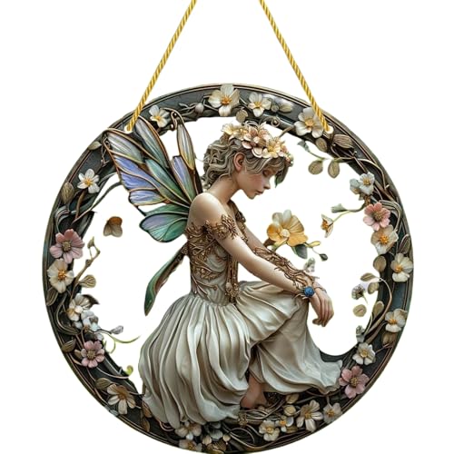 Flower Fairy Garden Decorations Angel Wing Christmas Halloween Deco Statue Art Elf Sculpture Hanging Craft for Outdoor Yard Courtyard Lawn Patio Window Acrylic Ornament Home Gift