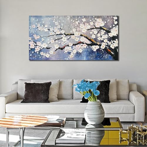 Plum Blossom Painting Wall Art For Living Room Blue And White Wall Art For Office Women Modern Art Wall Decor Bedroom Size 20 x 40 Inch