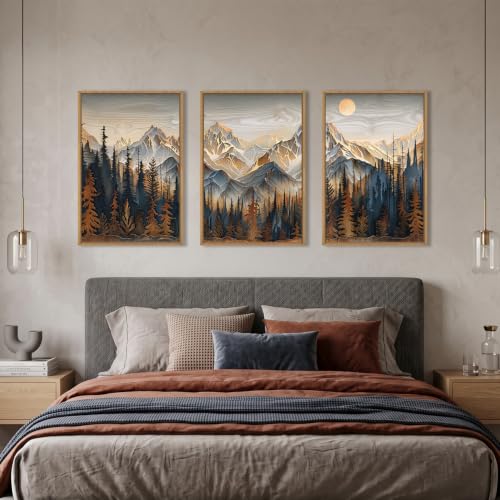Rustic Pine Tree Mountain Framed Canvas Wall Art Set