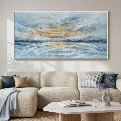 Extra Large Framed Blue Coastal Abstract Wall Art for Living Room