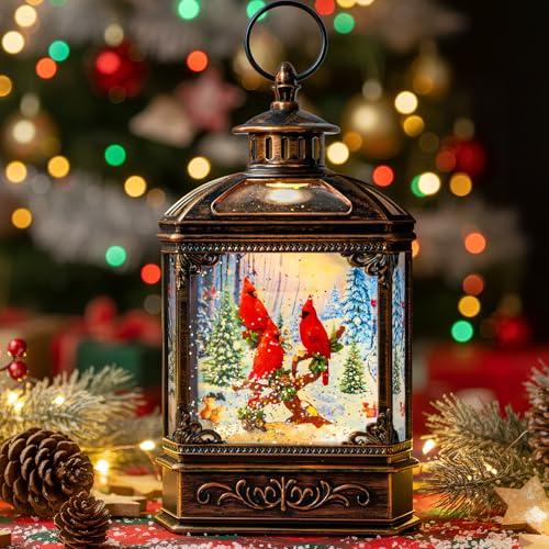 Christmas Snow Globe Water Glittering Cardinal with Music