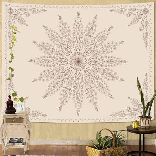 Boho Floral Mandala Tapestry for Bedroom Aesthetic Bohemian Flower Wall Tapestry Beige Hippie Indian Extra Large Tapestries Wall Hanging for Living Room Dorm Decor 90 x 68 Inch