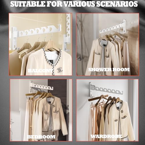 Wall Mount Coat Hanger Holder White Clothes Drying Organizer Rack Garment Hooks Aluminium Retractable Folding Indoor Wall Mounted Hanger Space Saver for Laundry Room Bedroom White 2 Pack with 8 Hooks (2 Count)