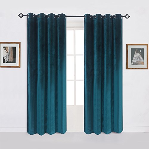 Super Soft Luxury Room Darkening VelvetDark Green Blackout Energy Efficient Grommet Curtain Panel Drapes Peacock Blue 52Wx84L