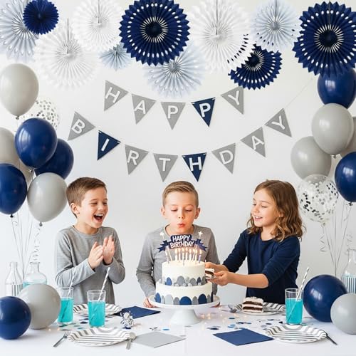 Honeycomb Round Paper Fan Blue Gray White Hanging Party Decoration