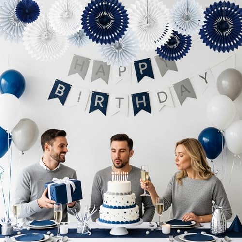 Honeycomb Round Paper Fan Blue Gray White Hanging Party Decoration