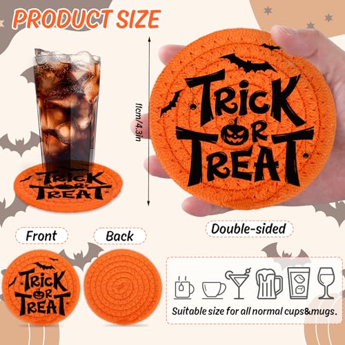 Happy Halloween Cotton Coasters Black Orange Pumpkin Face Handmade Braided Drink Coasters Trick or Treat Absorbent Cup Mats for Party Home Table Decor (4 Count)
