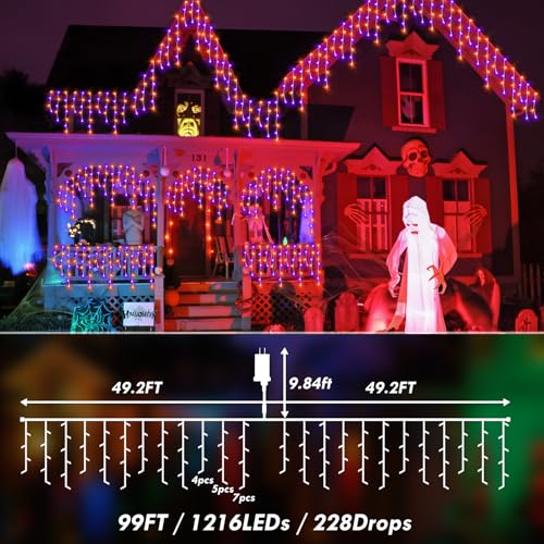 99FT 1216 LED Orange Purple Halloween Lights Decortation