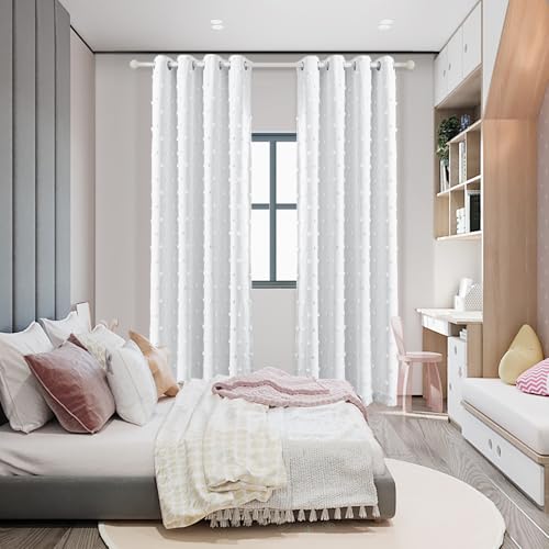 100% White Blackout Curtains for Girls Bedroom 90 Inch Long Total Light Blocking Curtains for Living Room 2 Panels Room Darkening Grommet Window Drapes with White Pom Pom Sheer 50W x 90L (50 Count)