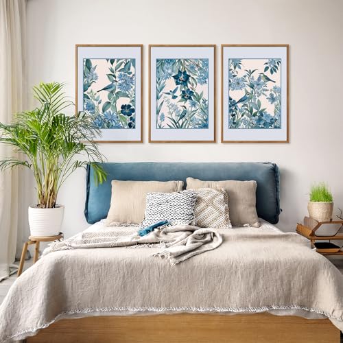 3 Pcs Blue Birds Flowers Framed Canvas Wall Art 16x24 Inch