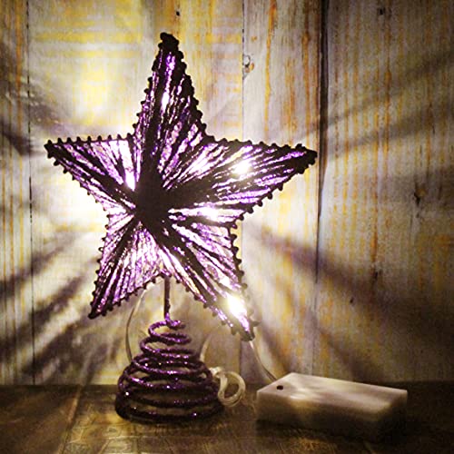 Purple Glittered 3D Tree Top Star with Warm White LED Lights and Timer for Christmas Tree Decoration and Holiday Seasonal Décor