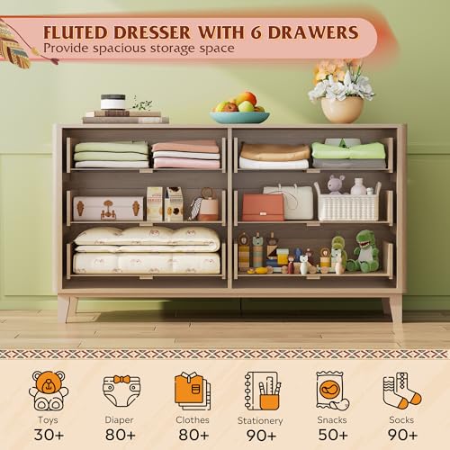 Fluted Dresser for Bedroom with 6 Drawers