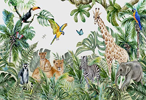 Safari Wallpaper for Children with Animals Jungle Wall Mural Watercolor Animals Nursery Wallpaper Kids Room Decor (94 Sq Ft)