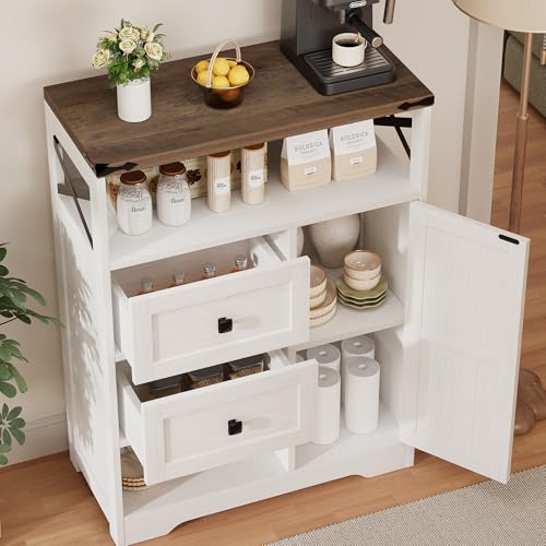 Farmhouse Buffet Sideboard Cabinet with 2 Drawers and Open Shelf