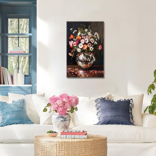 Colorful Moody Florals Disco Ball Canvas Wall Art