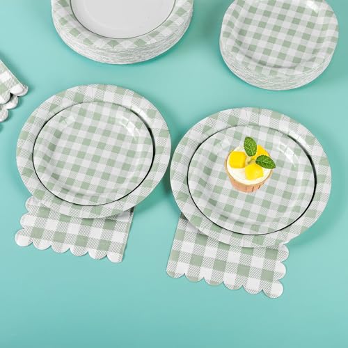 150Pcs Sage Green Gingham Paper Plates and Napkins Green Plaid Plates (150 Count)