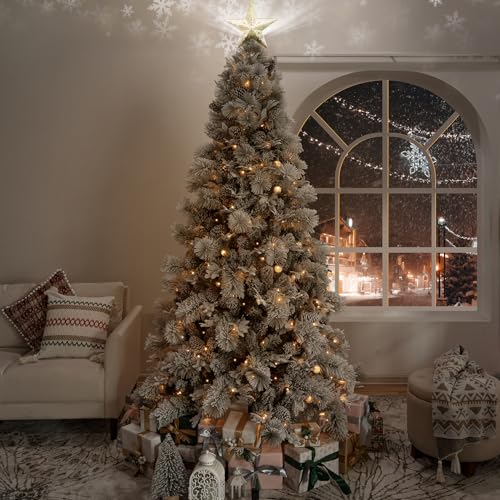 Darla 7.5ft Snow Flocked Rotating Christmas Tree with Star Projector
