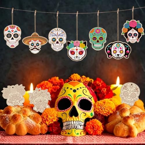 80PCS Wooden Day of The Dead Skull Ornaments to Paint Dia De Los Muertos Decorations Crafts for Kids