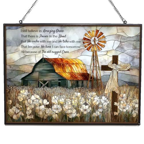Rectangle Vintage Christian Grace Barn Cross Stained Glass Suncatcher Stained Glass Window Hangings Birthday Gift for Mom Grandma Teacher Women Friend Memorial Hook