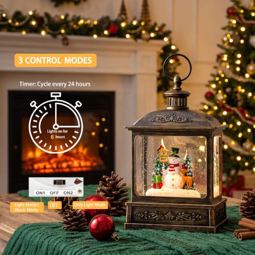 Christmas Snow Globe Lantern Water Glittering North Pole Snowman with Music & Timer