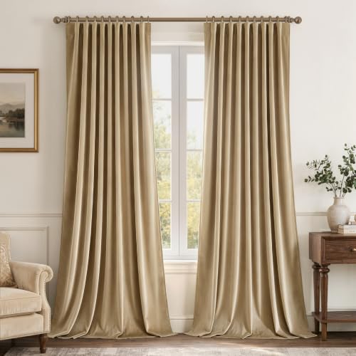 Beige Velvet Pinch Pleat Blackout Curtains W52 X L108 Inches