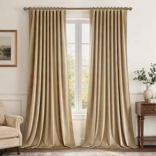 Beige Velvet Pinch Pleat Blackout Curtains W52 X L96 Inches